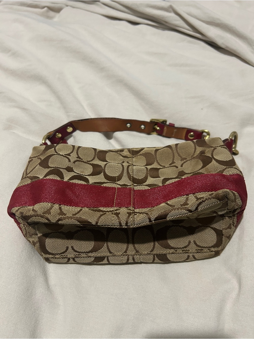 Coach Signature Canvas Shoulder Bag in Tan with Red Accent